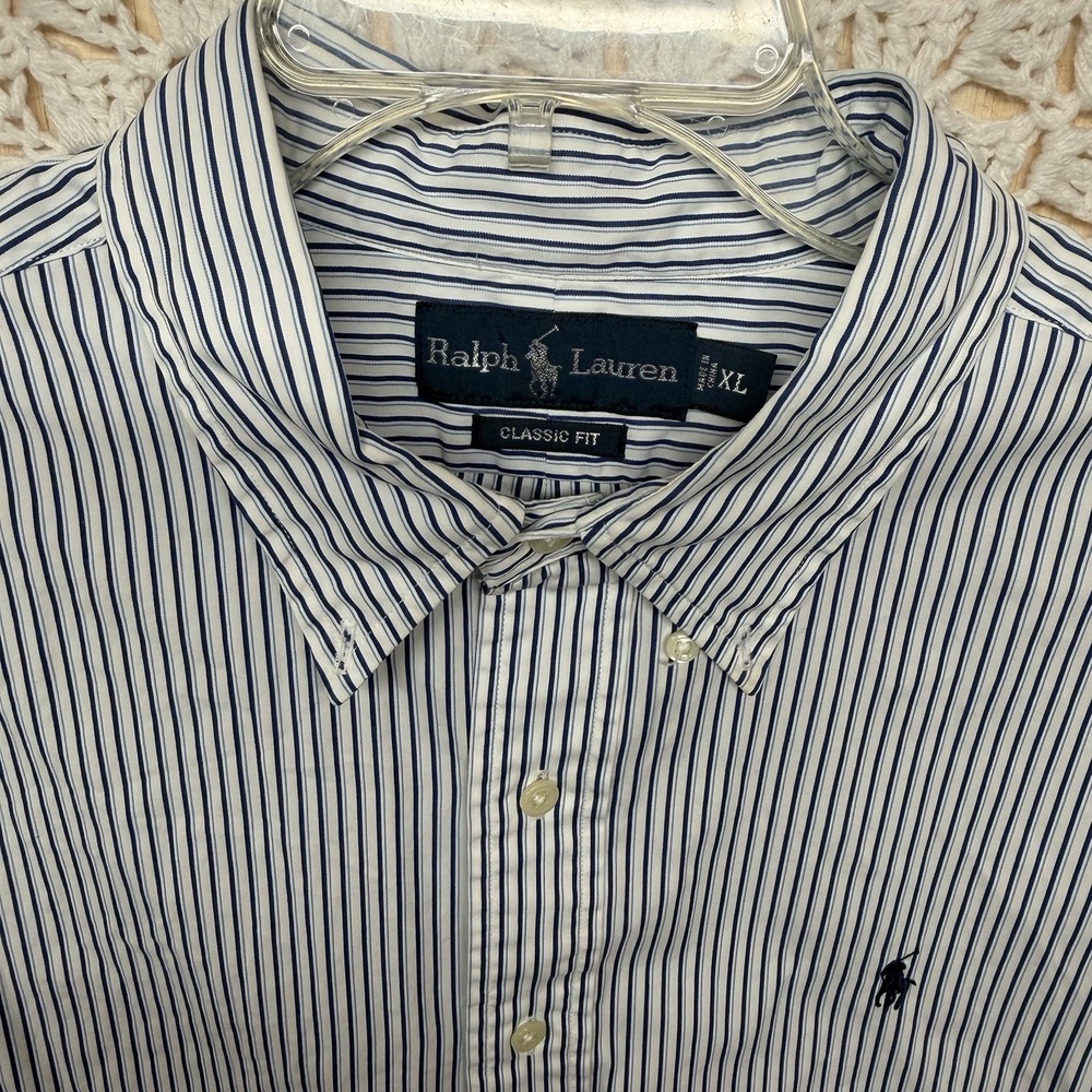 Ralph Lauren Shirt Mens XL Blue White Striped Button Down Classic Fit Long Sleev